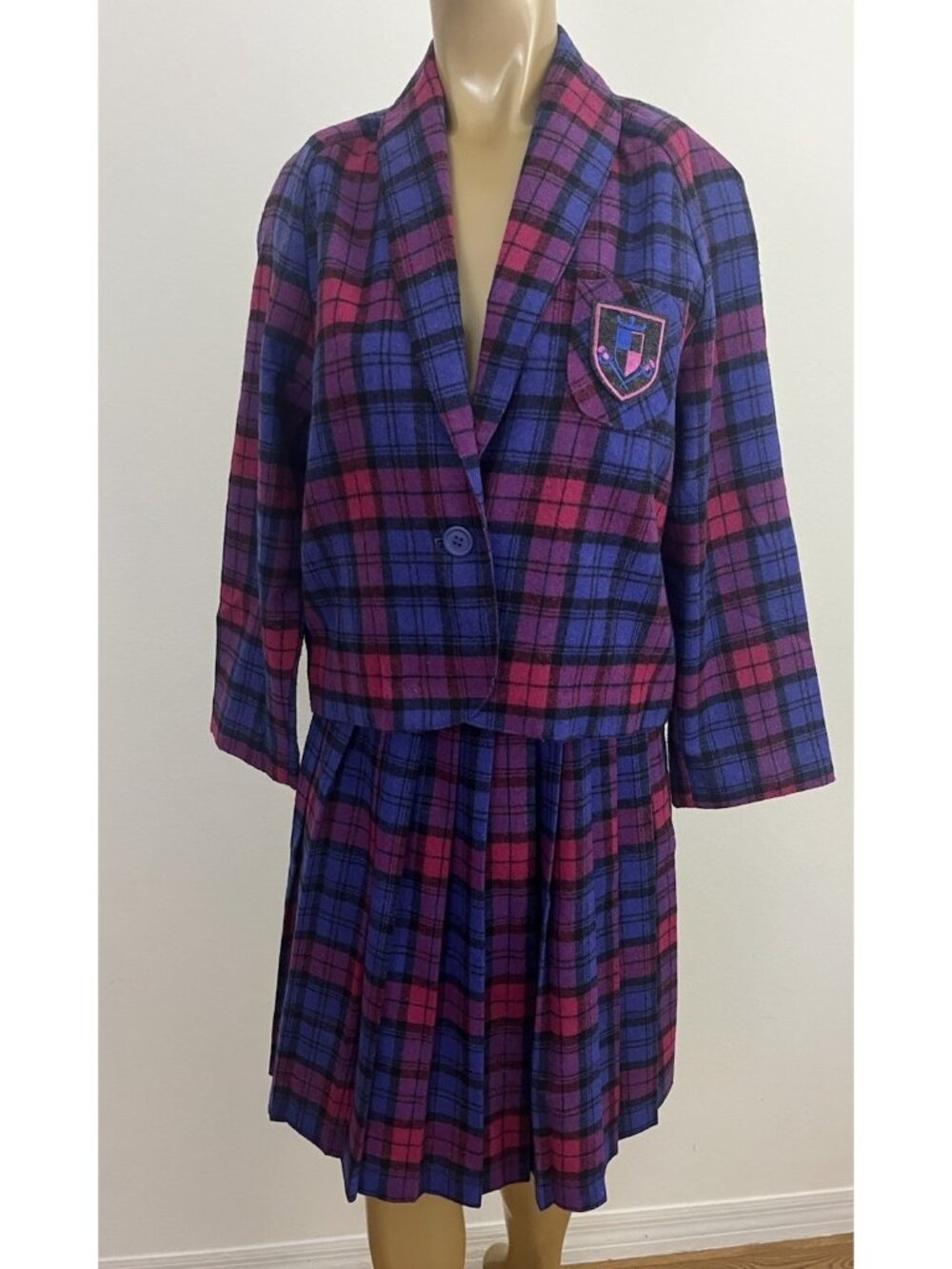 Vintage 90s Bold Spirit Plaid Jacket Blazer Pleated Skirt Set Academia Size 7